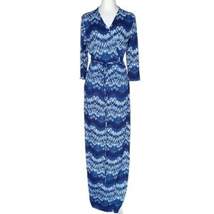 Shabby Apple Dress Size 8 Marisol Wrap Maxi Blue White Stretch Tie 3/4 Sleeve